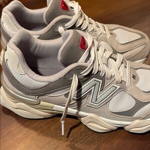 New Balance Kids Sneakers in White, Gray, and Beige with Red Accent